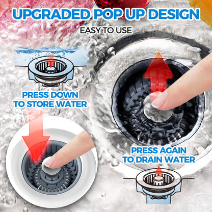 3-in-1 Kitchen Sink Drain Strainer & Stopper – Catches Food Scraps, Fits Standard Drains