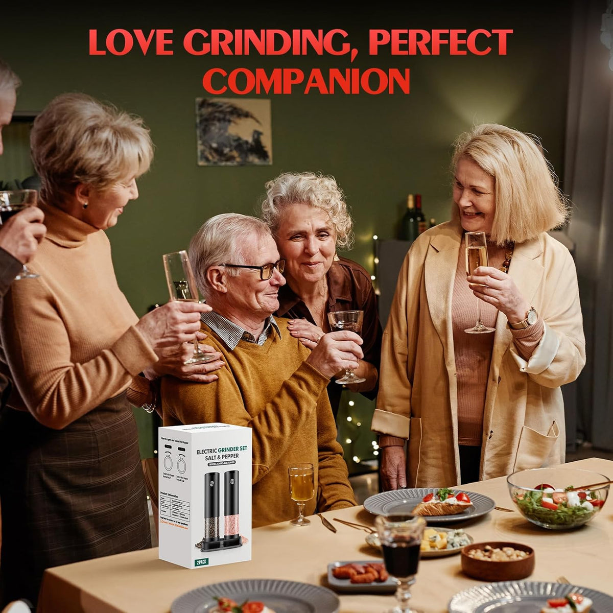 ioion Electric Salt & Pepper Grinder Set – 5 Grind Settings, LED Light, One-Hand Operation