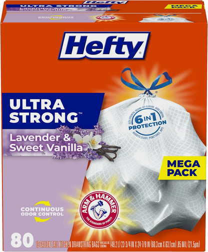 Hefty Ultra Strong Tall Kitchen Trash Bags – 80-Count, 13 Gallon, Arm & Hammer Odor Control, Drawstring