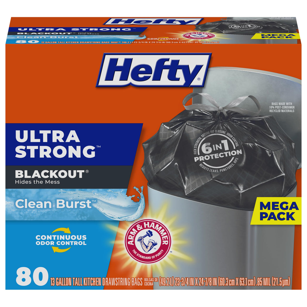 Hefty Ultra Strong Tall Kitchen Trash Bags – 80-Count, 13 Gallon, Arm & Hammer Odor Control, Drawstring