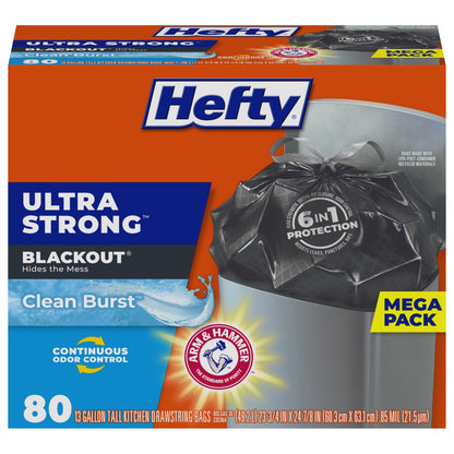 Hefty Ultra Strong Tall Kitchen Trash Bags – 80-Count, 13 Gallon, Arm & Hammer Odor Control, Drawstring