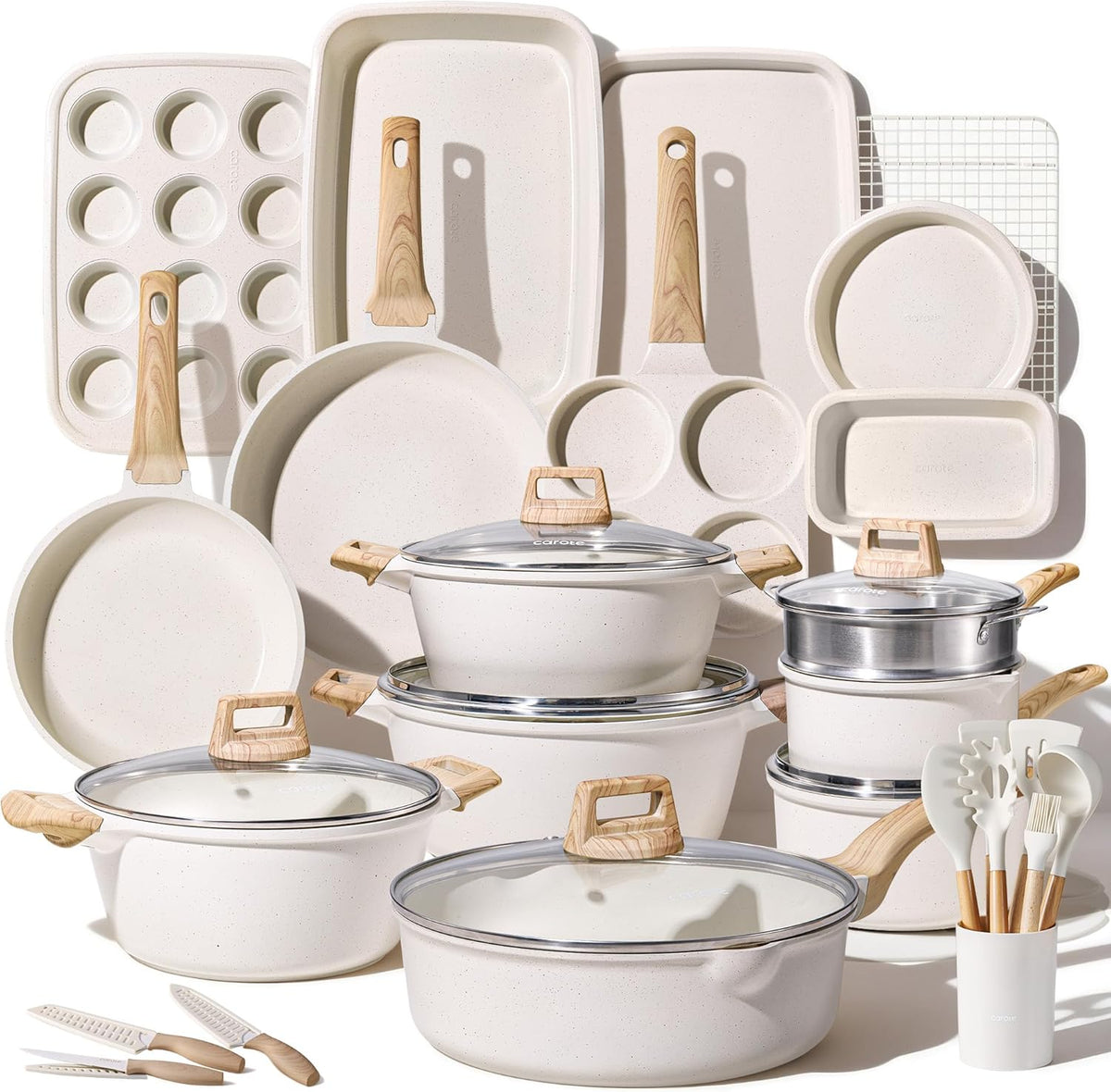 CAROTE 44-Piece Nonstick Cookware Set – Granite Coating, Induction Compatible, Includes Knives & Utensils