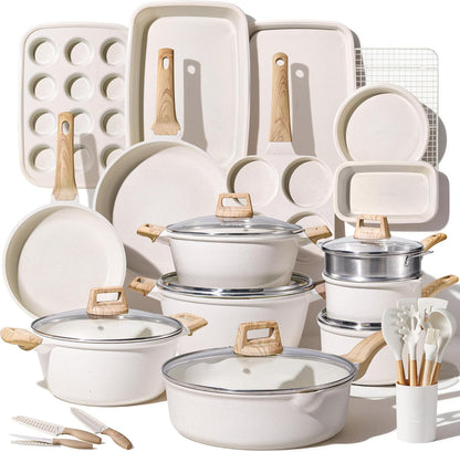 CAROTE 44-Piece Nonstick Cookware Set – Granite Coating, Induction Compatible, Includes Knives & Utensils