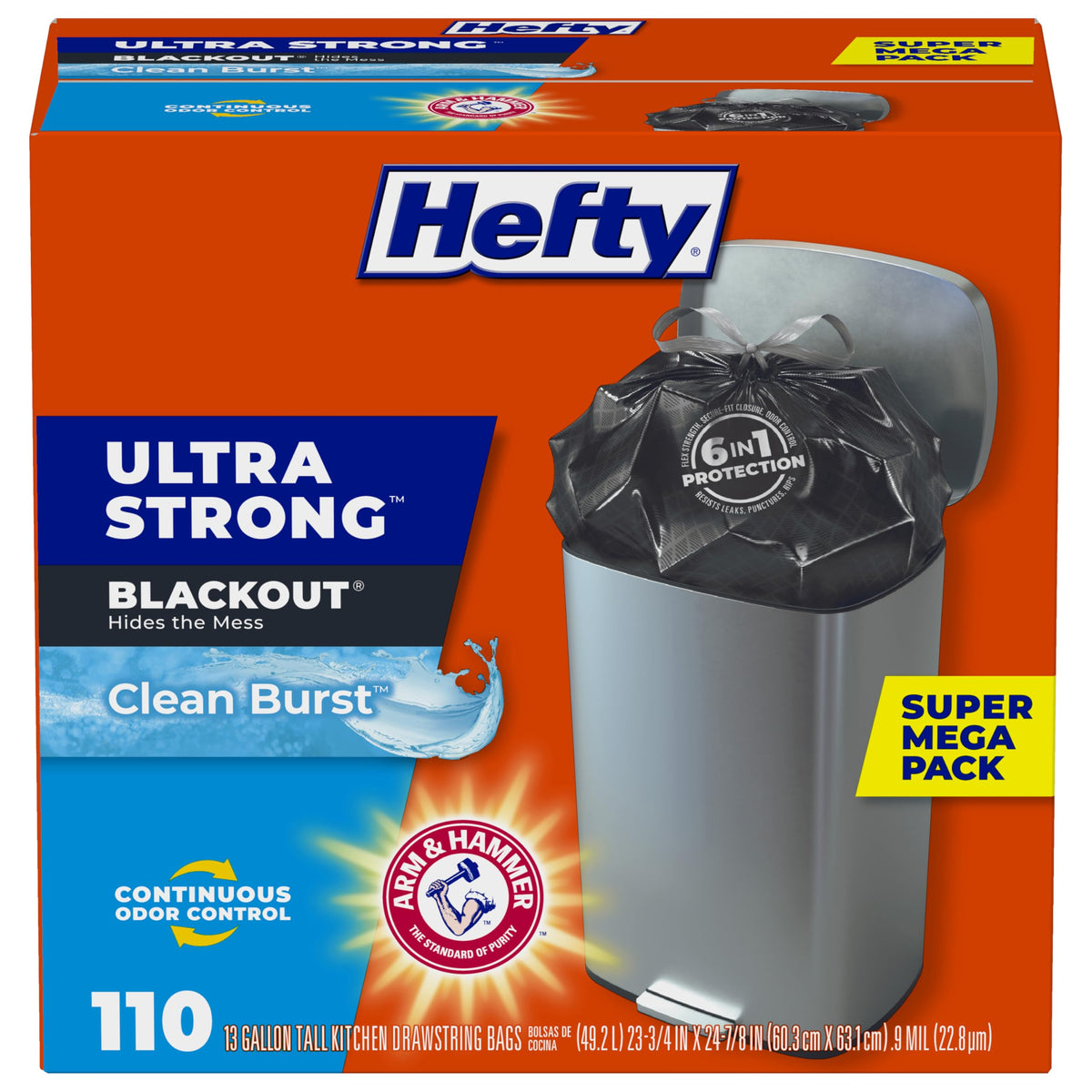 Hefty Ultra Strong Tall Kitchen Trash Bags – 80-Count, 13 Gallon, Arm & Hammer Odor Control, Drawstring