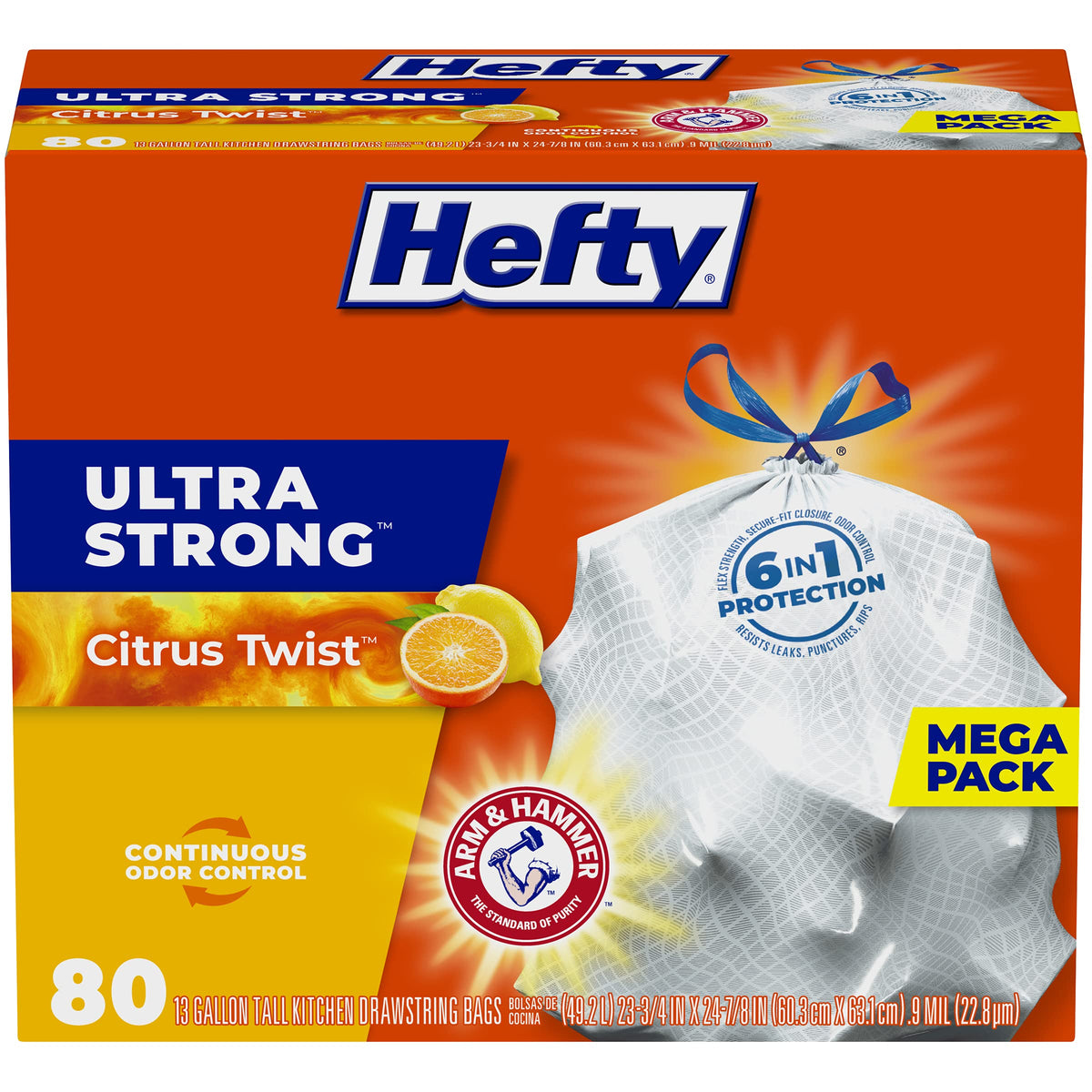 Hefty Ultra Strong Tall Kitchen Trash Bags – 80-Count, 13 Gallon, Arm & Hammer Odor Control, Drawstring