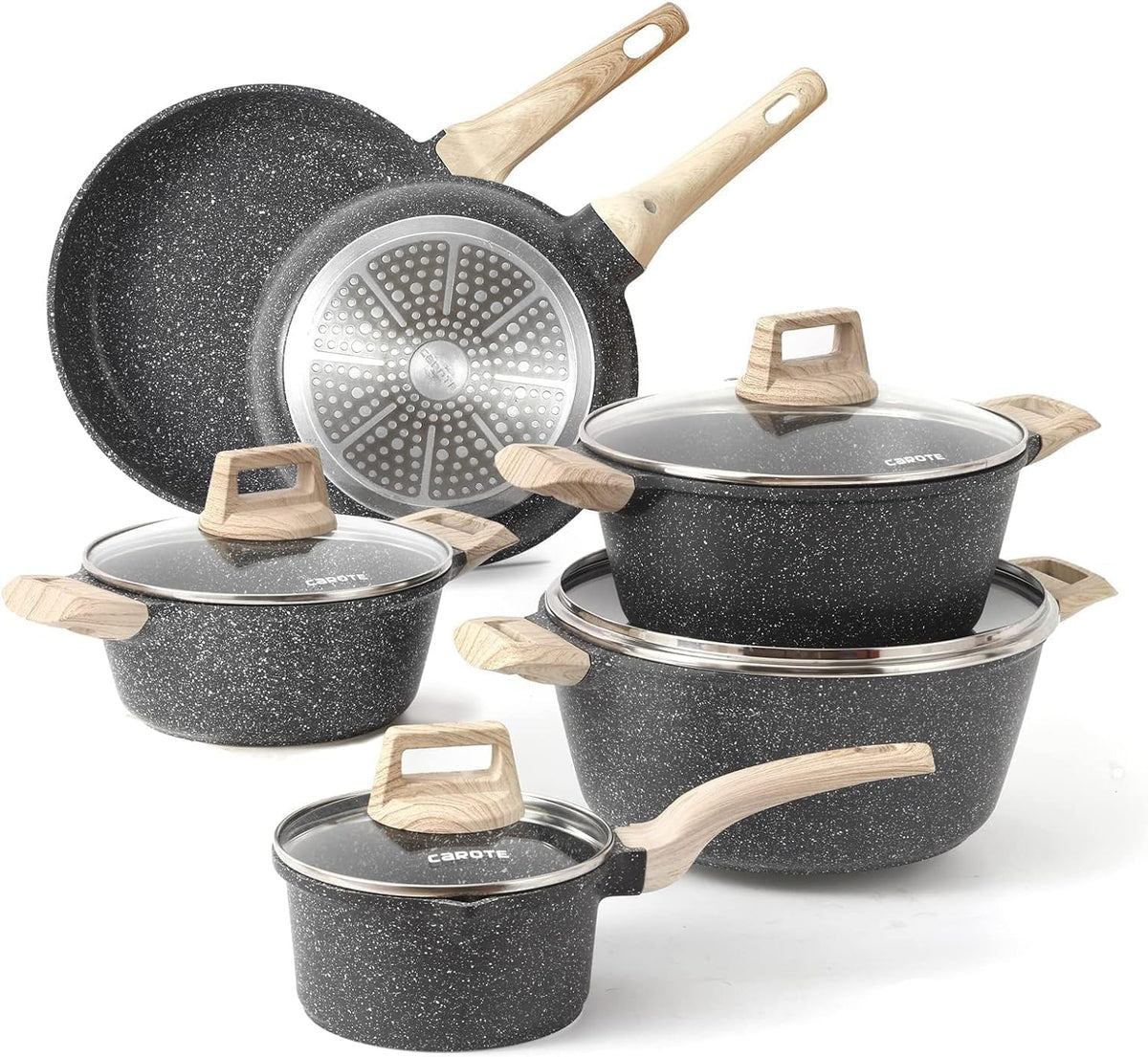 CAROTE 44-Piece Nonstick Cookware Set – Granite Coating, Induction Compatible, Includes Knives & Utensils