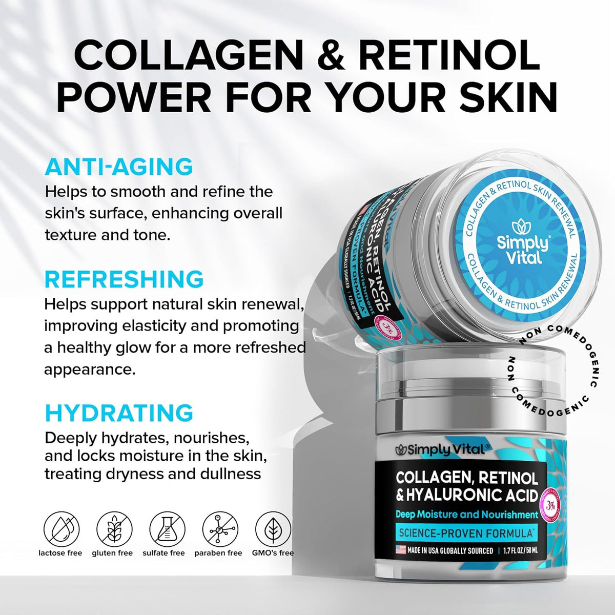 SimplyVital Anti-Aging Retinol Face Moisturizer – With Hyaluronic Acid & Collagen, 1.7 fl oz