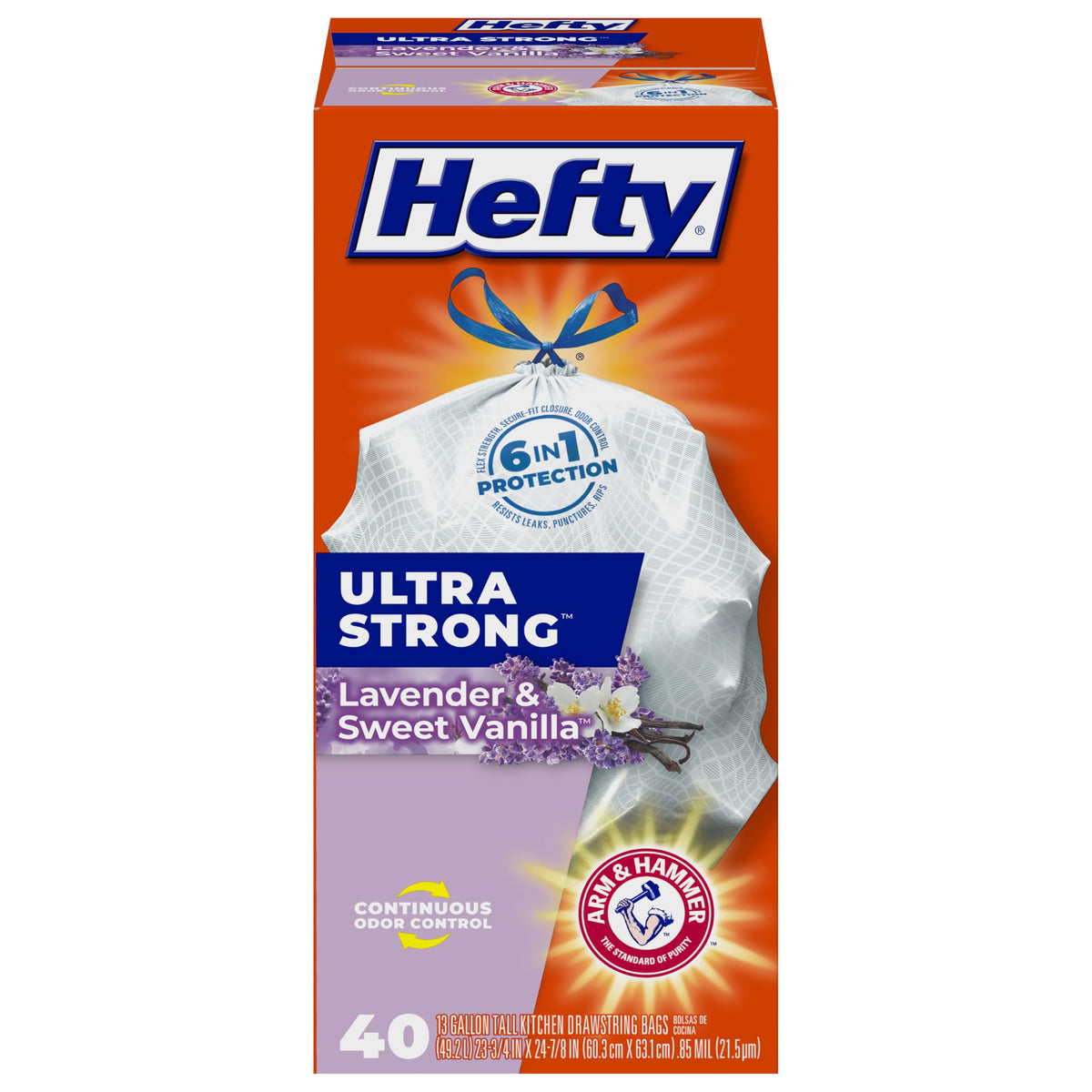 Hefty Ultra Strong Tall Kitchen Trash Bags – 80-Count, 13 Gallon, Arm & Hammer Odor Control, Drawstring