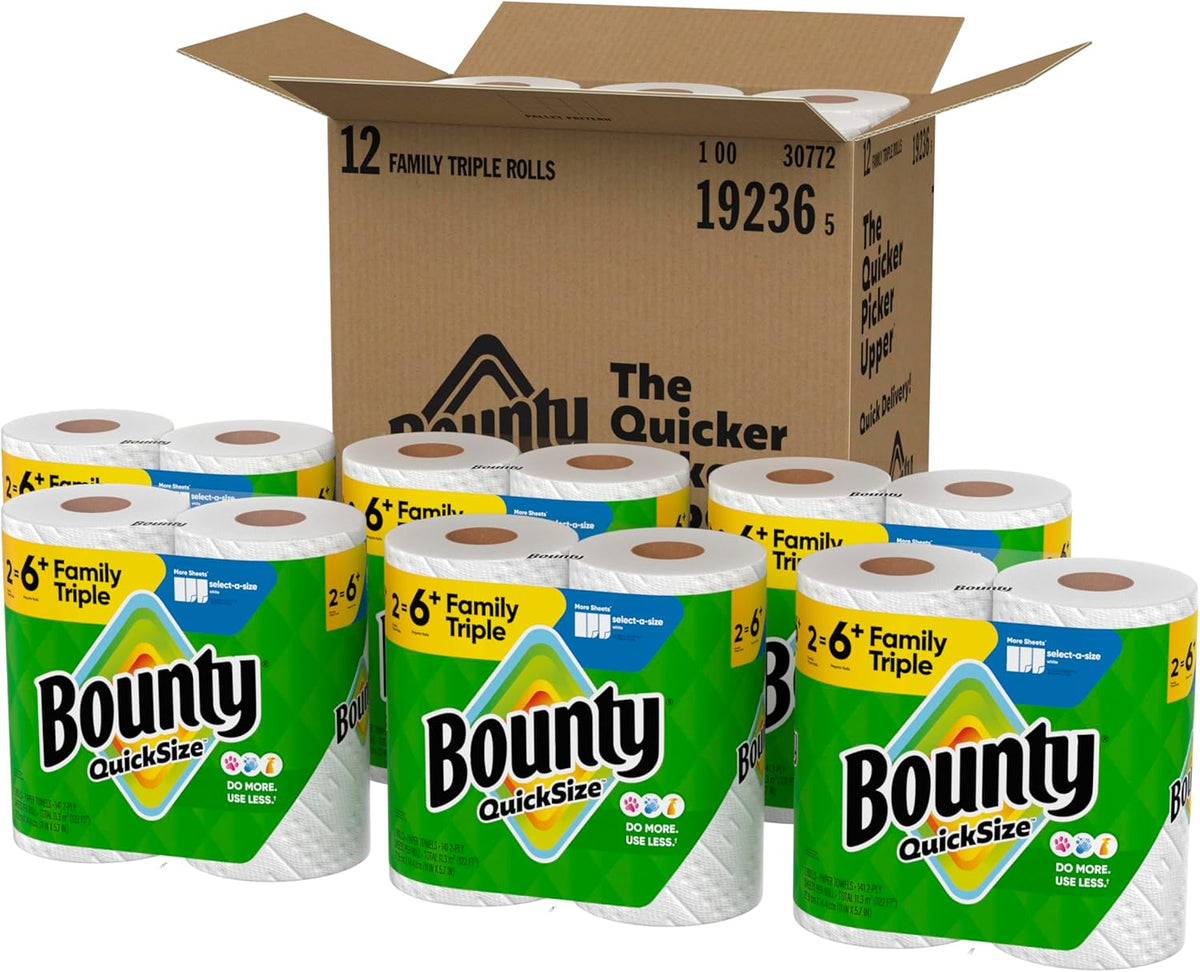 Bounty Quick-Size Paper Towels – 12 Triple Rolls (= 40+ Regular Rolls), 2X More Absorbent