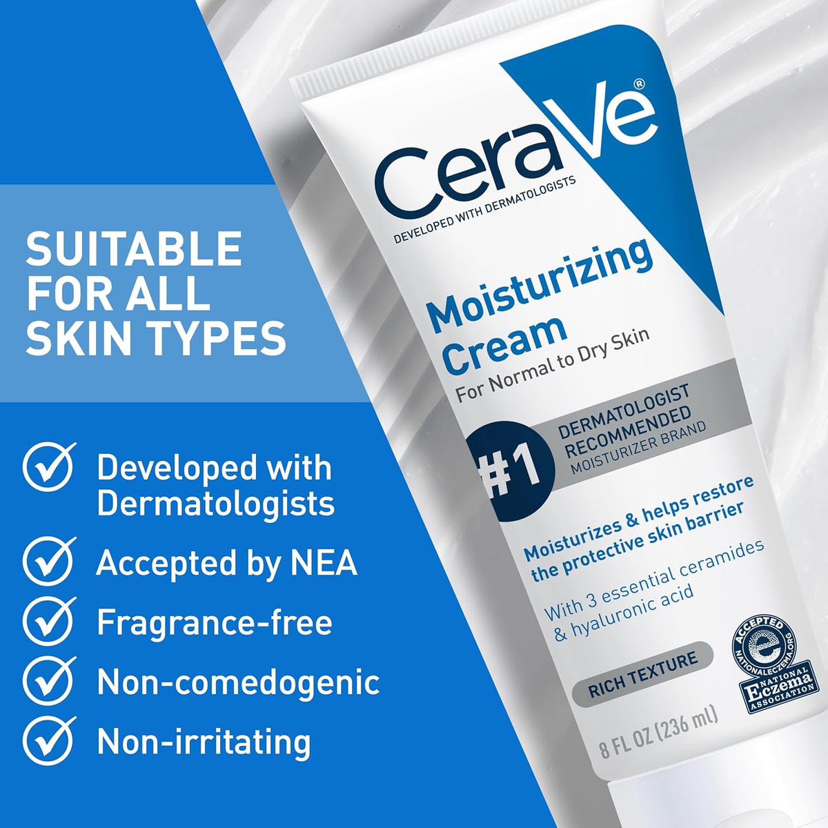 CeraVe Moisturizing Cream – 24-Hour Hydration with Ceramides & Hyaluronic Acid, Fragrance-Free, 19 fl oz