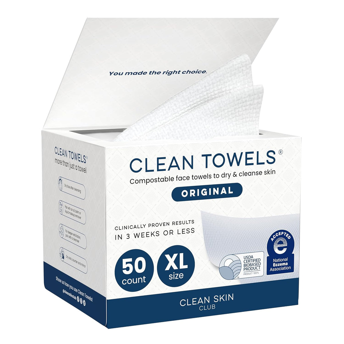 Clean Skin Club Clean Towels XL – 50 Single-Use Disposable Face Towels, Dermatologist Tested