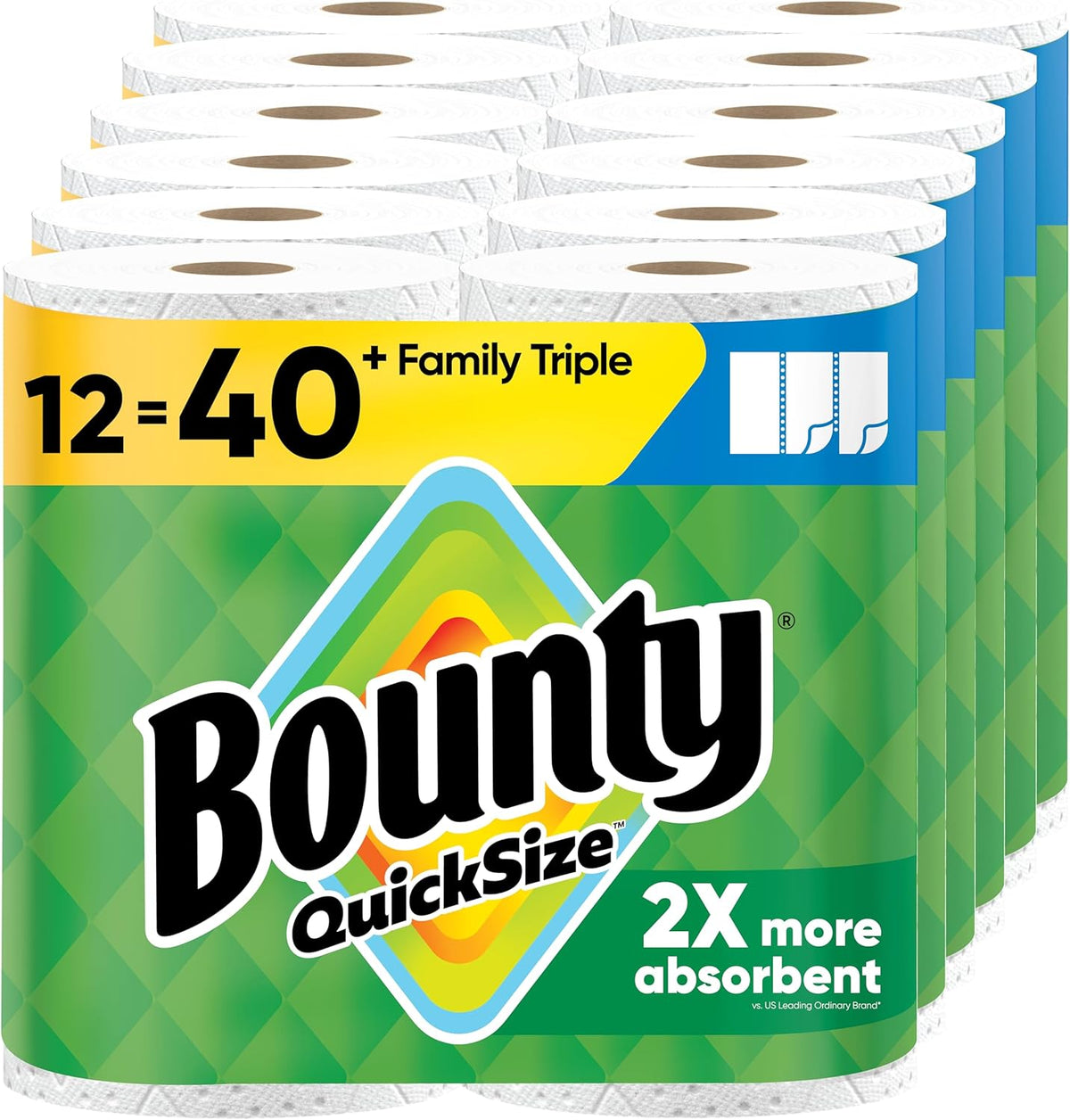 Bounty QuickSize paper towels packaging with multiple rolls stacked.