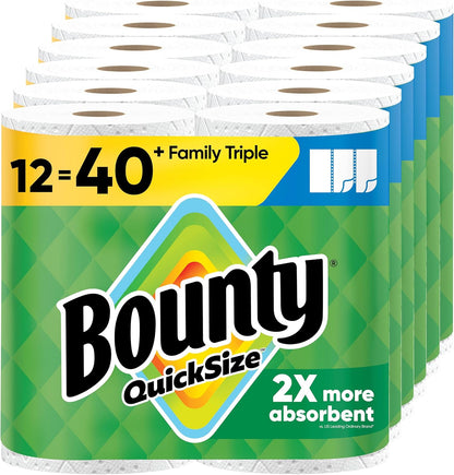 Bounty QuickSize paper towels packaging with multiple rolls stacked.