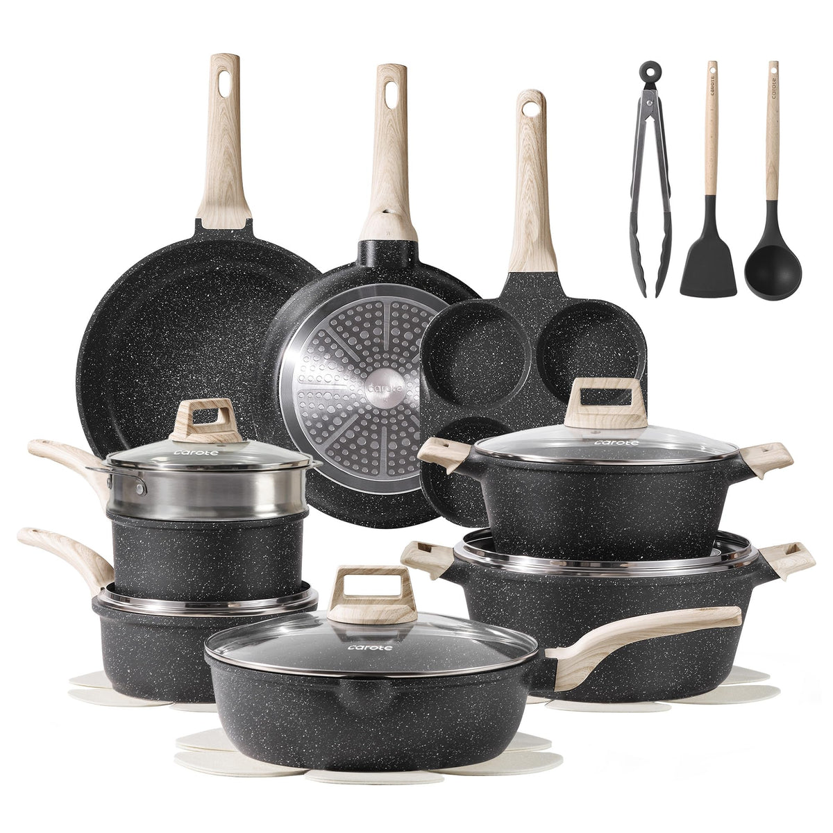 CAROTE 21-Piece Nonstick Cookware Set – Granite Coating, Induction Compatible, Pots & Pans with Lids