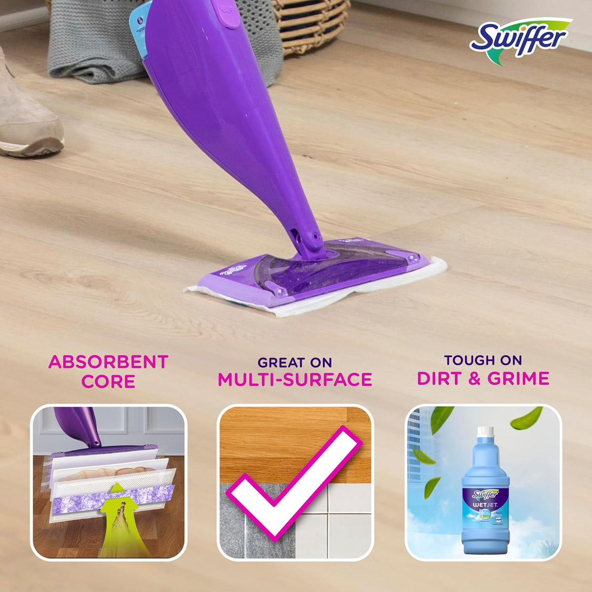 Swiffer WetJet Mopping Pad Refills – 24-Count Absorb + Lock Pads, Safe on Finished Wood Floors