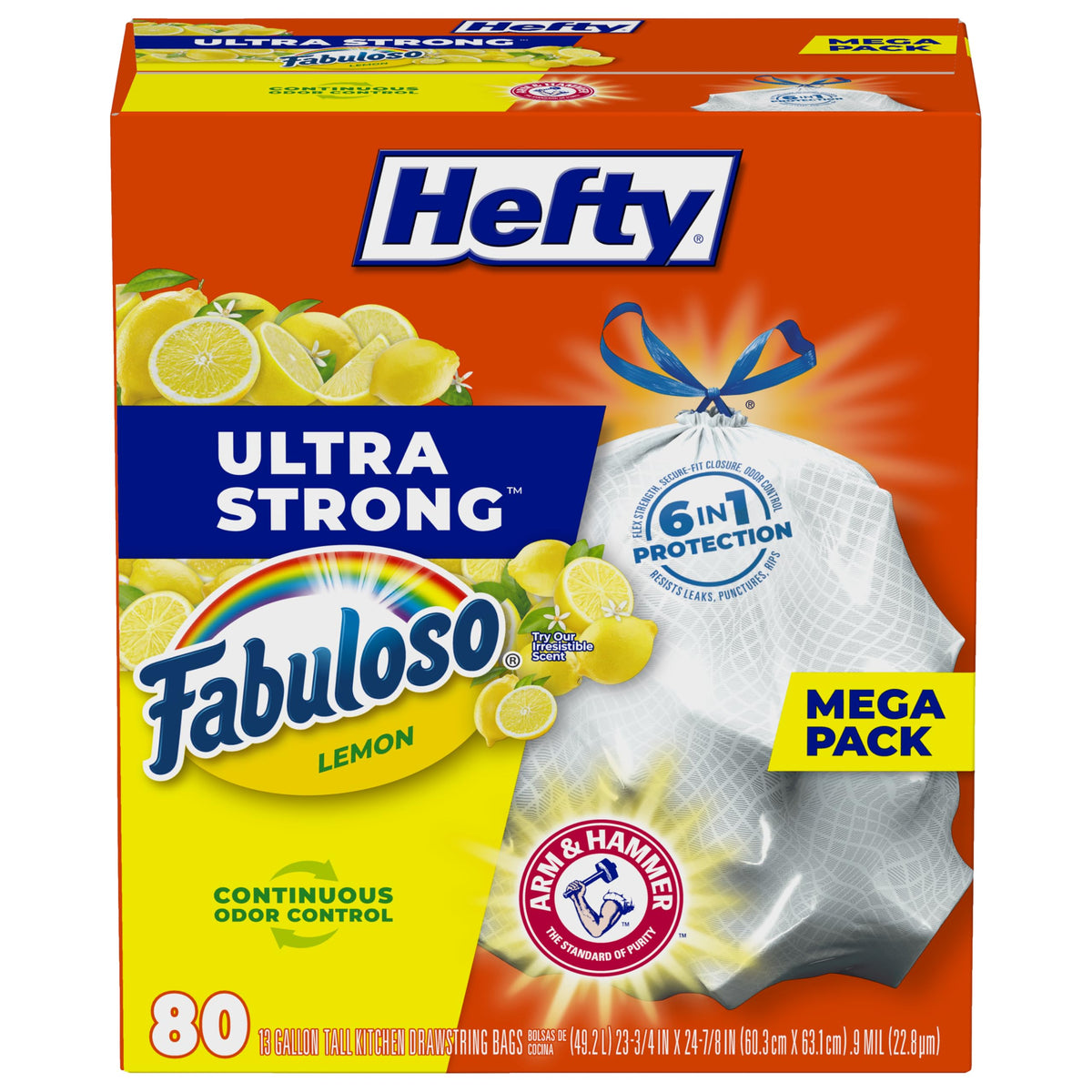 Hefty Ultra Strong Tall Kitchen Trash Bags – 80-Count, 13 Gallon, Arm & Hammer Odor Control, Drawstring
