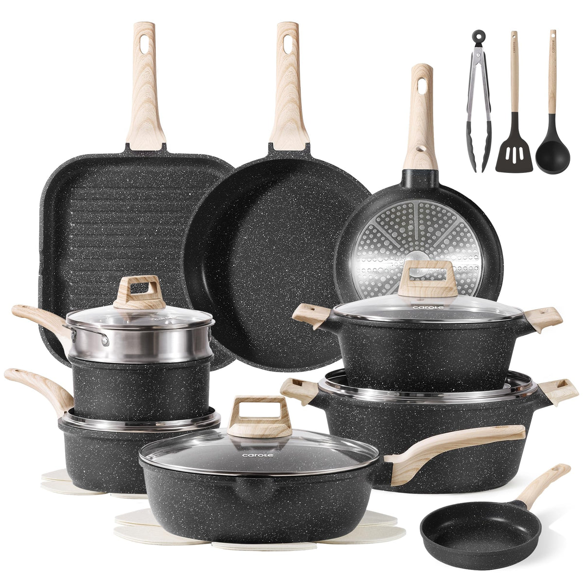 CAROTE 44-Piece Nonstick Cookware Set – Granite Coating, Induction Compatible, Includes Knives & Utensils