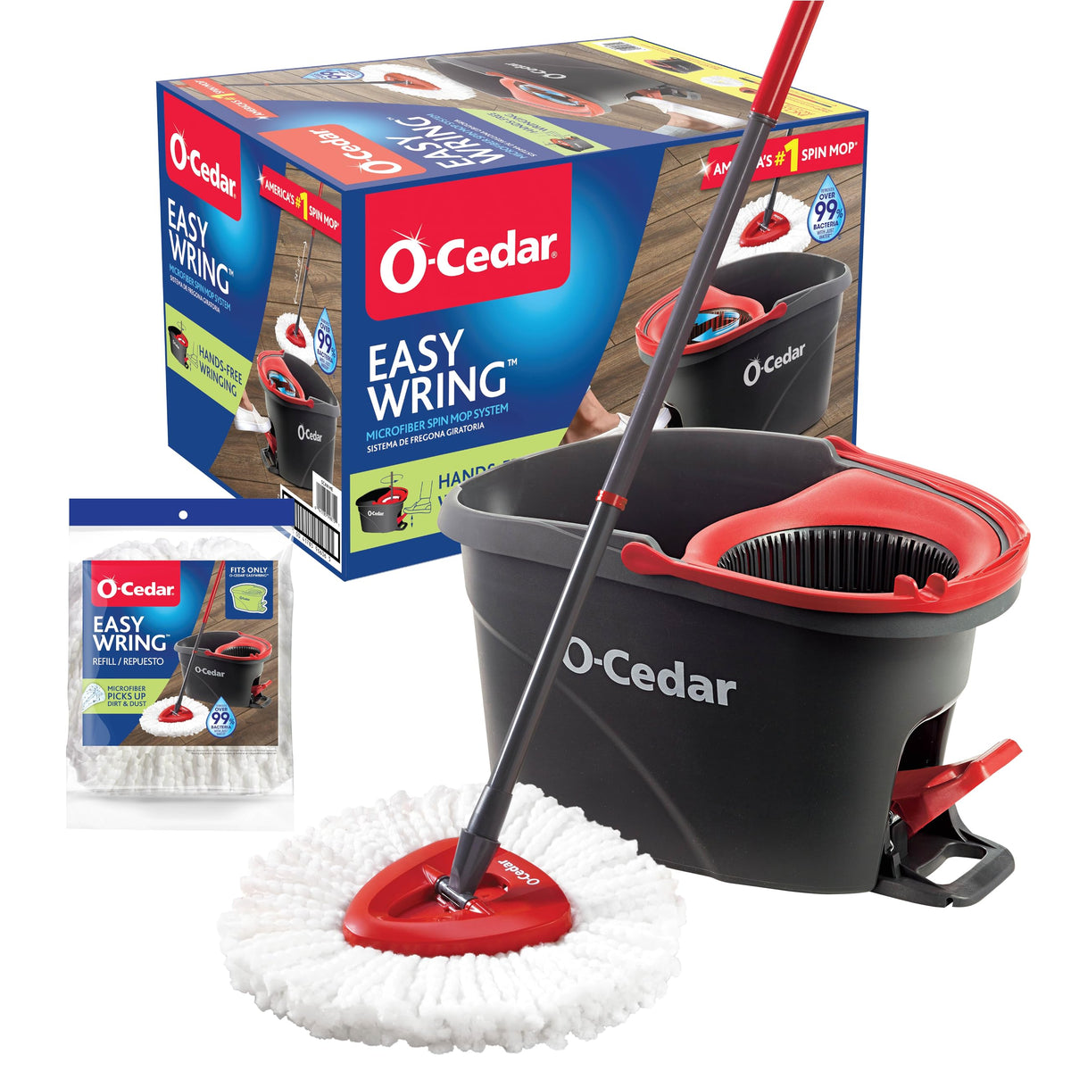 O-Cedar EasyWring Microfiber Spin Mop & Bucket System – Hands-Free Wringing, Machine-Washable Mop Head