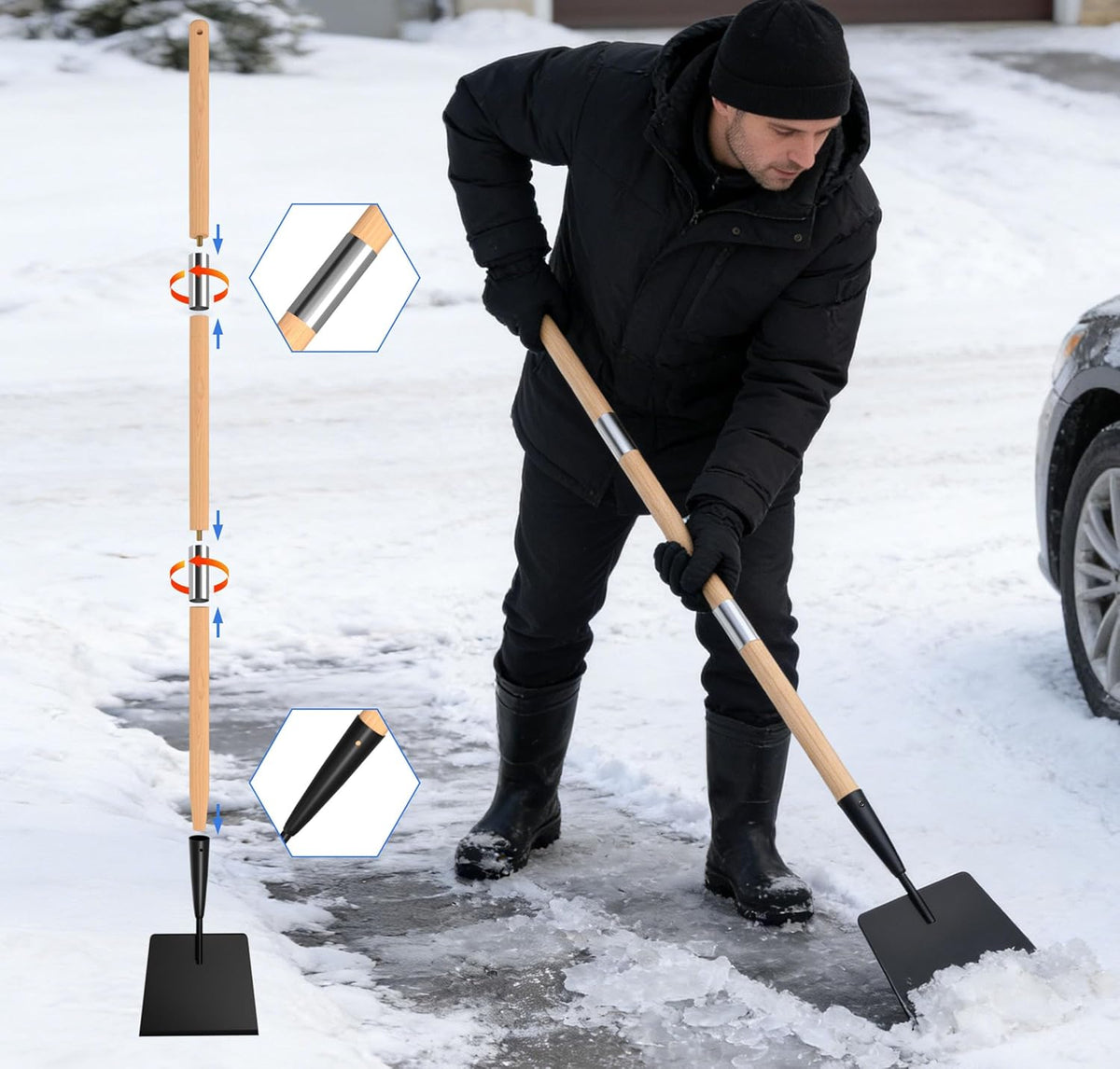 56" Wooden Handle Ice Scraper & Chopper – 7" Steel Blade for Driveways, Sidewalks & Steps