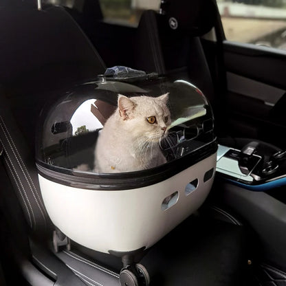 Transparent Capsule Pet Travel Carrier with Wheels – Portable Pet Trolley Bag for Cats & Small Dogs (Up to 10kg)