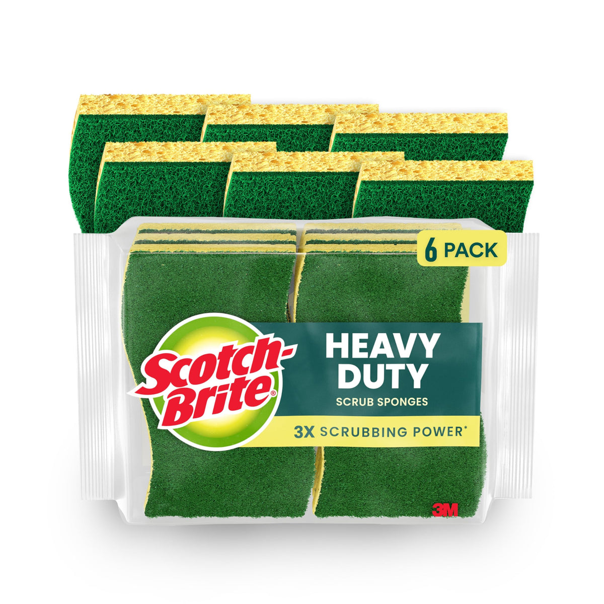 Scotch-Brite Heavy Duty Scrub Sponge – 6-Pack, 3X Scrubbing Power, Recycled Plastic Fibers