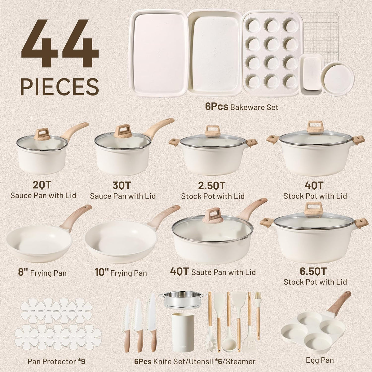 CAROTE 44-Piece Nonstick Cookware Set – Granite Coating, Induction Compatible, Includes Knives & Utensils