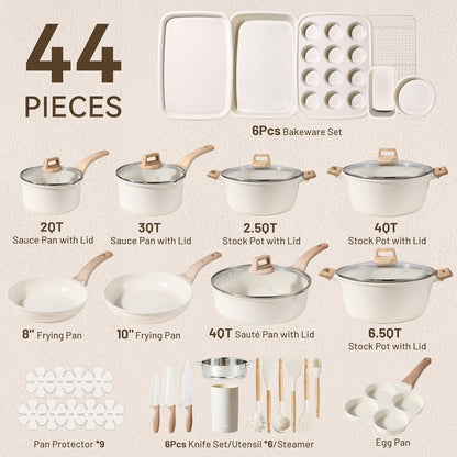 CAROTE 44-Piece Nonstick Cookware Set – Granite Coating, Induction Compatible, Includes Knives & Utensils