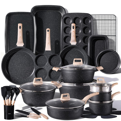 CAROTE 21-Piece Nonstick Cookware Set – Granite Coating, Induction Compatible, Pots & Pans with Lids