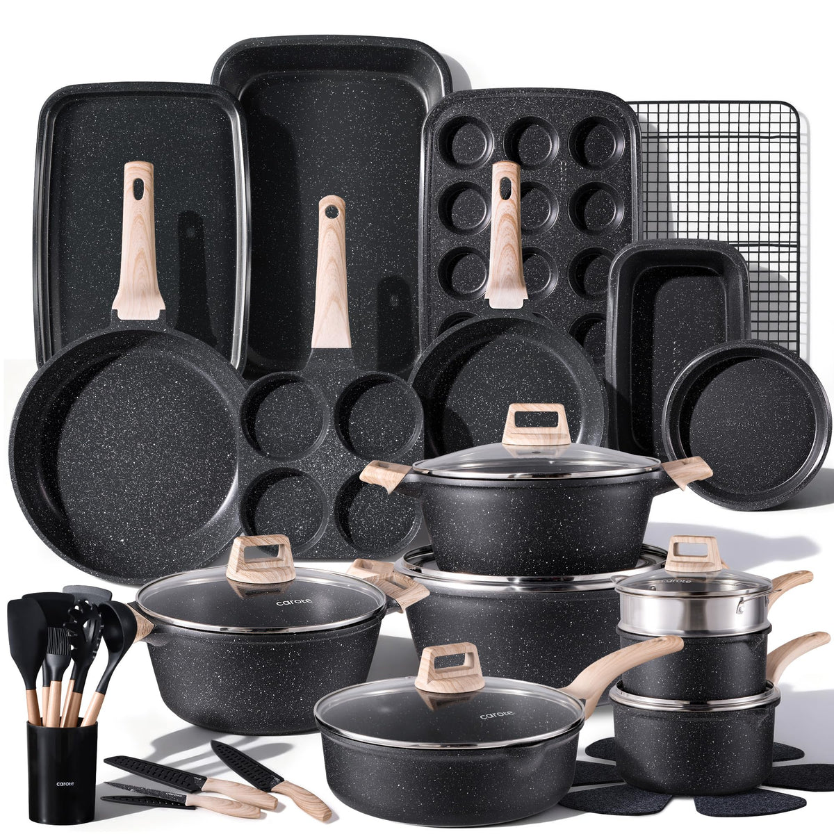 CAROTE 44-Piece Nonstick Cookware Set – Granite Coating, Induction Compatible, Includes Knives & Utensils