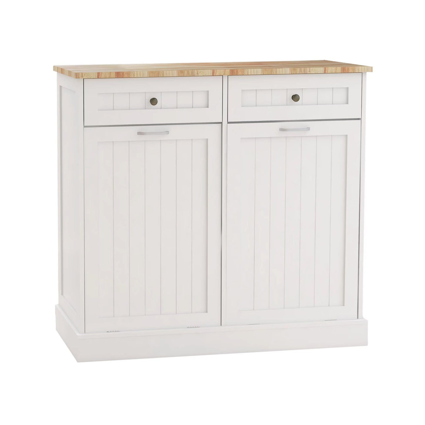 Double Tilt-Out Kitchen Trash Cabinet with 2 Drawers – Wooden Hidden Garbage Bin Storage Cabinet (White)