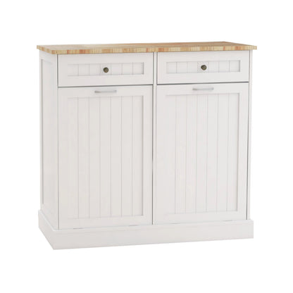 Double Tilt-Out Kitchen Trash Cabinet with 2 Drawers – Wooden Hidden Garbage Bin Storage Cabinet (White)