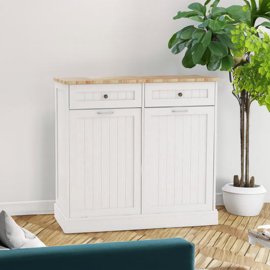 Double Tilt-Out Kitchen Trash Cabinet with 2 Drawers – Wooden Hidden Garbage Bin Storage Cabinet (White)