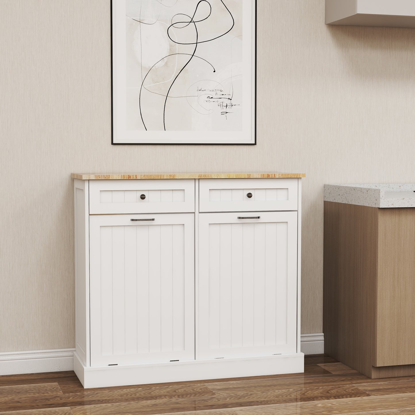 Double Tilt-Out Kitchen Trash Cabinet with 2 Drawers – Wooden Hidden Garbage Bin Storage Cabinet (White)