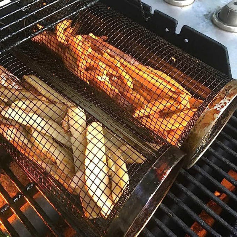 Rolling BBQ Grilling Basket – Stainless Steel Barbecue Grill Cage for Vegetables, Fish & Meat