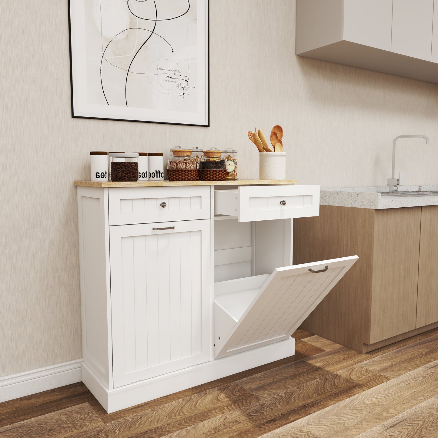 Double Tilt-Out Kitchen Trash Cabinet with 2 Drawers – Wooden Hidden Garbage Bin Storage Cabinet (White)