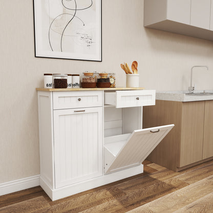 Double Tilt-Out Kitchen Trash Cabinet with 2 Drawers – Wooden Hidden Garbage Bin Storage Cabinet (White)