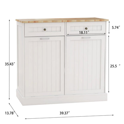 Double Tilt-Out Kitchen Trash Cabinet with 2 Drawers – Wooden Hidden Garbage Bin Storage Cabinet (White)