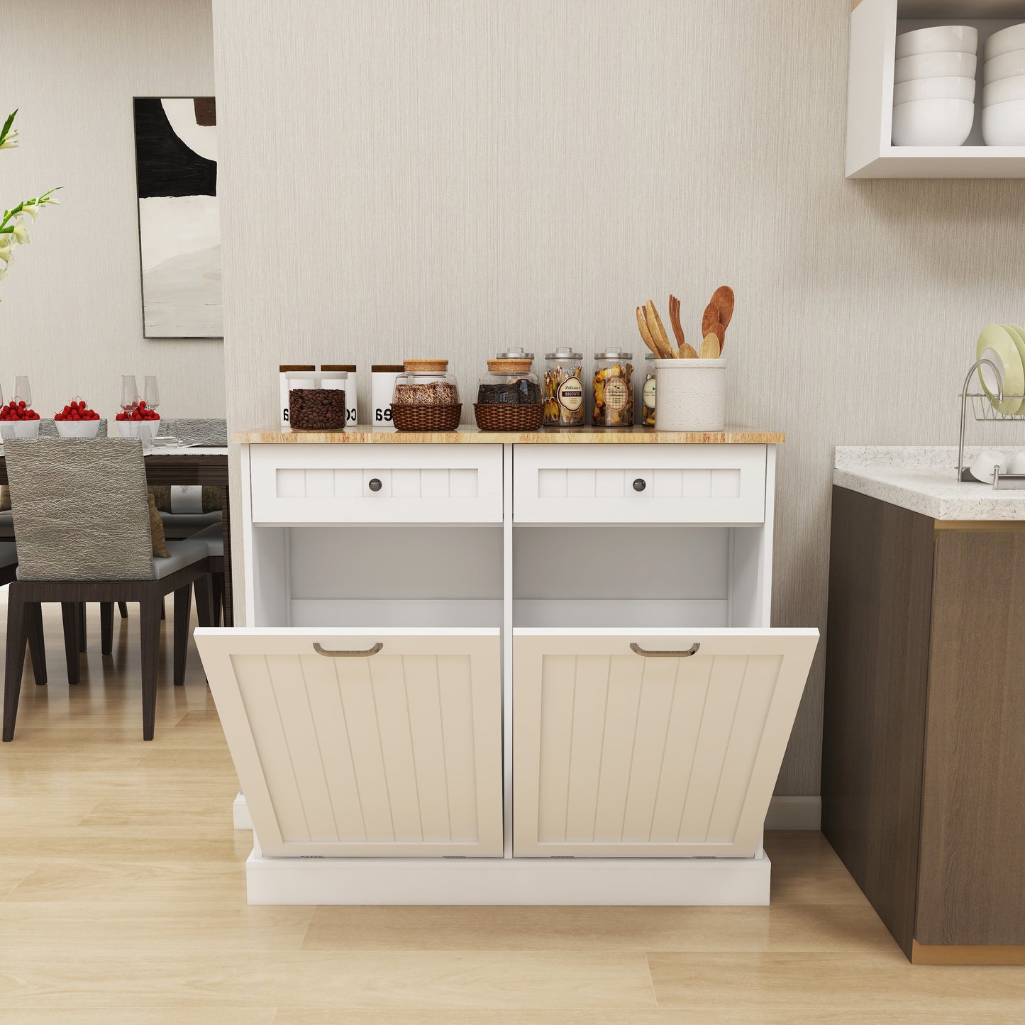 Double Tilt-Out Kitchen Trash Cabinet with 2 Drawers – Wooden Hidden Garbage Bin Storage Cabinet (White)