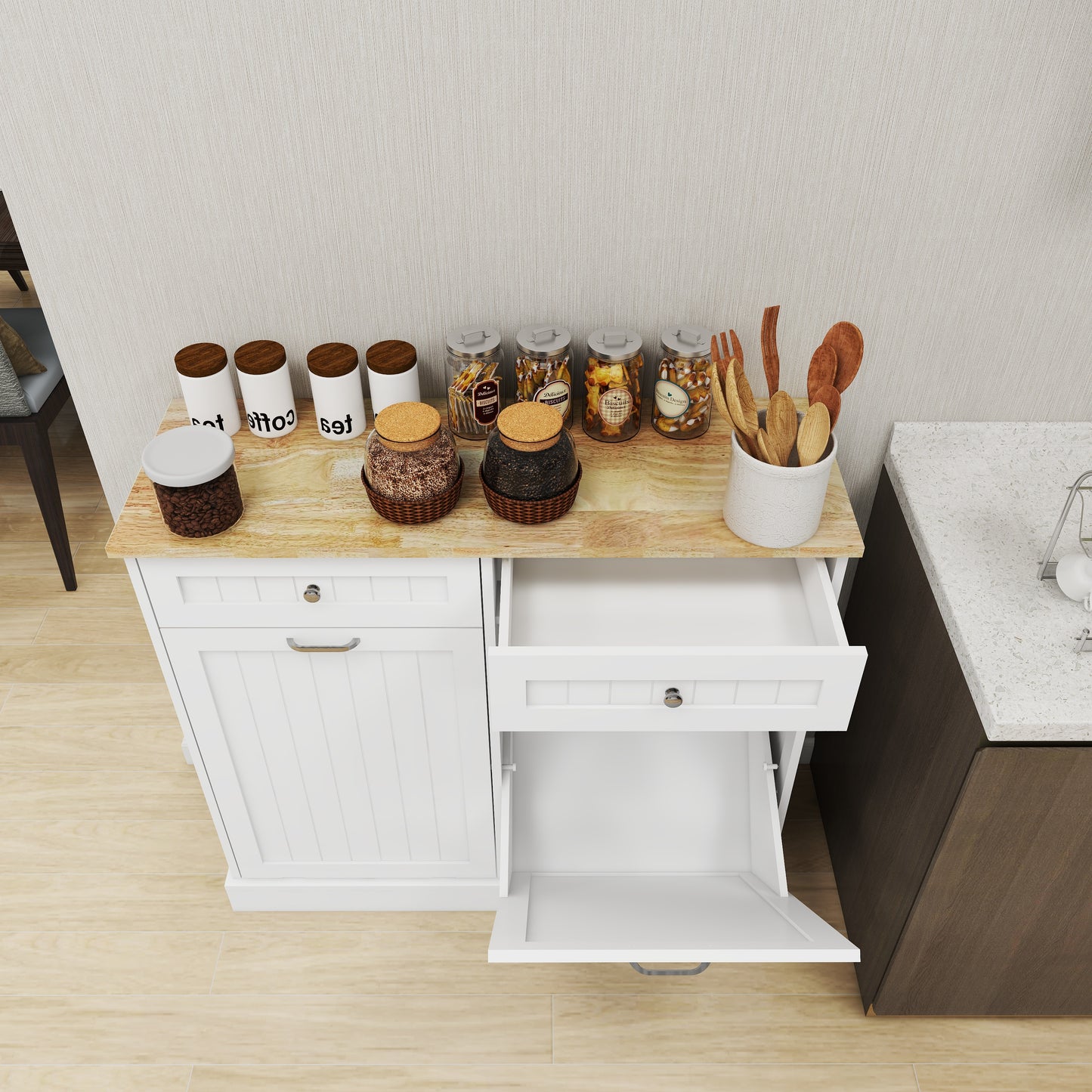 Double Tilt-Out Kitchen Trash Cabinet with 2 Drawers – Wooden Hidden Garbage Bin Storage Cabinet (White)