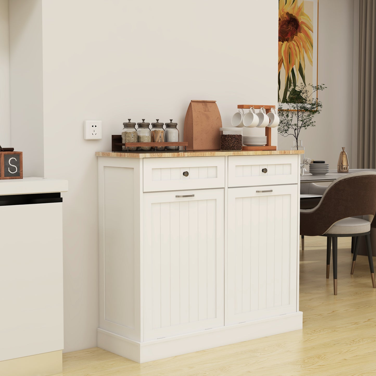 Double Tilt-Out Kitchen Trash Cabinet with 2 Drawers – Wooden Hidden Garbage Bin Storage Cabinet (White)