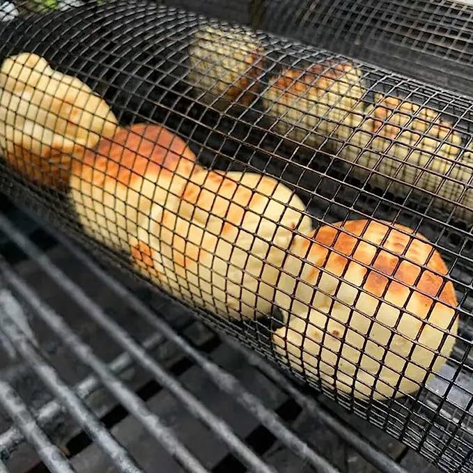 Rolling BBQ Grilling Basket – Stainless Steel Barbecue Grill Cage for Vegetables, Fish & Meat