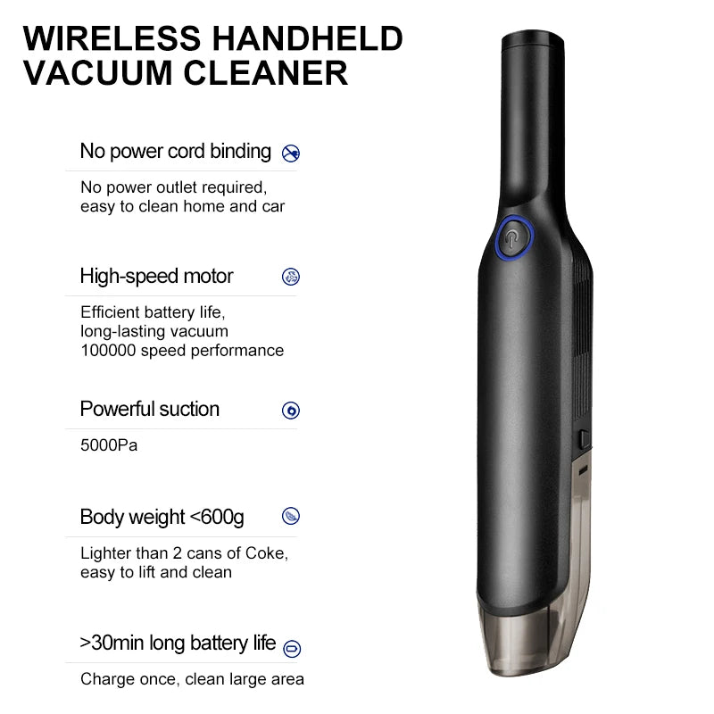 Cordless Handheld Car Vacuum Cleaner – Rechargeable Wet & Dry Cyclone Suction Portable Vacuum for Car & Home